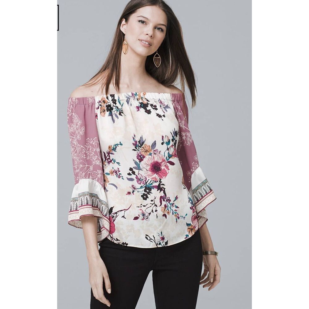 WHITE HOUSE BLACK MARKET Off-The-Shoulder Mixed-Print Blouse